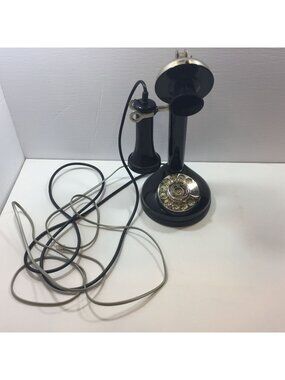 Vintage Black Candlestick Rotary Dial Telephone Metal Accents Collectors Decor
